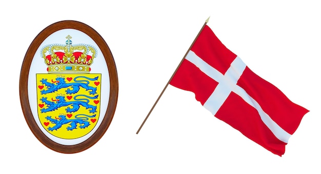 Background for editors and designers National holiday 3D illustration Flag and the coat of arms of Denmark