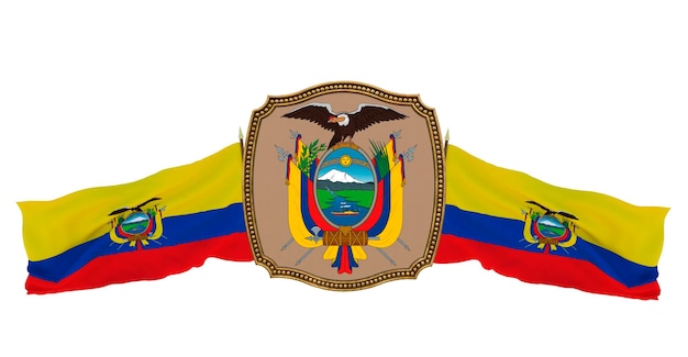 Background for editors and designers National holiday 3D illustration Flag and the coat of arms of Ecuador