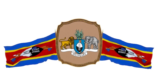 Background for editors and designers National holiday 3D illustration Flag and the coat of arms of Eswatini