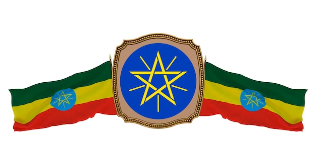 Background for editors and designers National holiday 3D illustration Flag and the coat of arms of Ethiopia