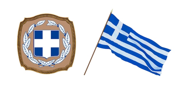 Background for editors and designers National holiday 3D illustration Flag and the coat of arms of Greece