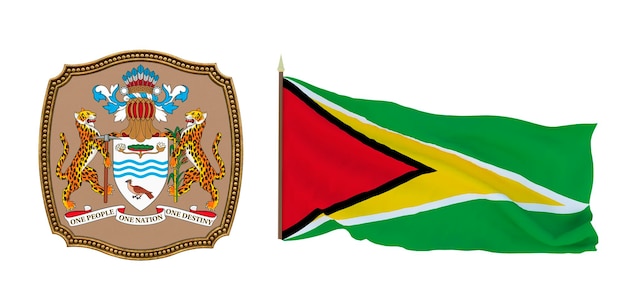 Background for editors and designers National holiday 3D illustration Flag and the coat of arms of Guyana