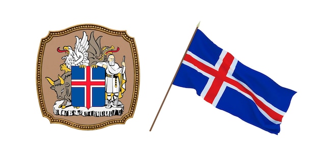 Background for editors and designers National holiday 3D illustration Flag and the coat of arms of Iceland