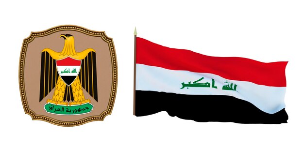 Background for editors and designers National holiday 3D illustration Flag and the coat of arms of Iraq