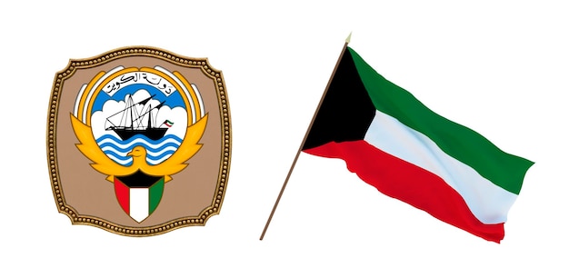 Background for editors and designers National holiday 3D illustration Flag and the coat of arms of Kuwait