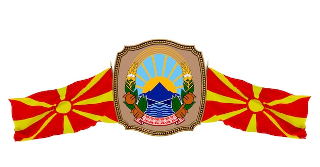 Background for editors and designers National holiday 3D illustration Flag and the coat of arms of Macedonia