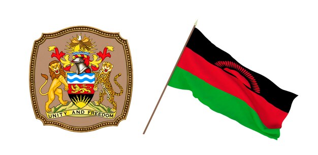 Background for editors and designers National holiday 3D illustration Flag and the coat of arms of Malawi