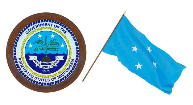 Background for editors and designers National holiday 3D illustration Flag and the coat of arms of Micronesia