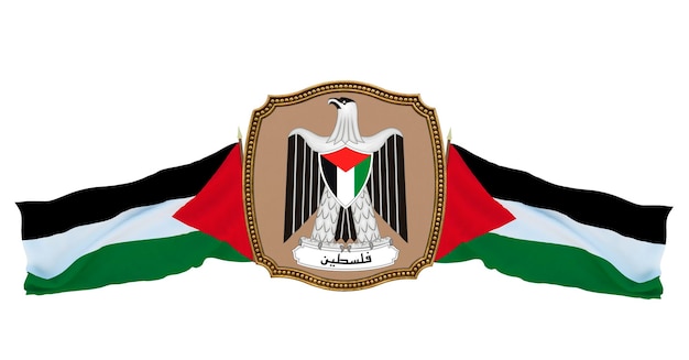 Background for editors and designers National holiday 3D illustration Flag and the coat of arms of Palestine