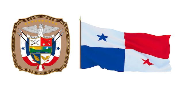 Background for editors and designers National holiday 3D illustration Flag and the coat of arms of Panama