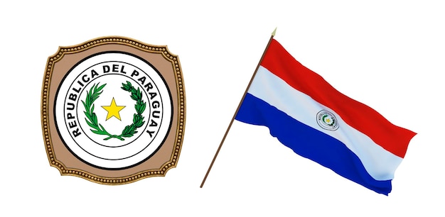 Background for editors and designers National holiday 3D illustration Flag and the coat of arms of Paraguay