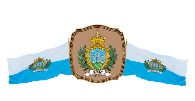 Background for editors and designers National holiday 3D illustration Flag and the coat of arms of San Marino