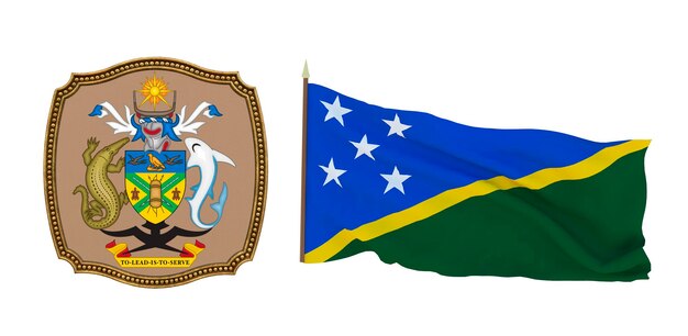 Background for editors and designers National holiday 3D illustration Flag and the coat of arms of Solomon islands