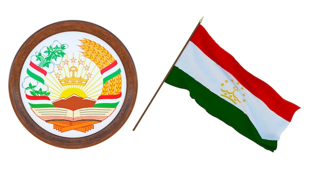 Background for editors and designers National holiday 3D illustration Flag and the coat of arms of Tajikistan