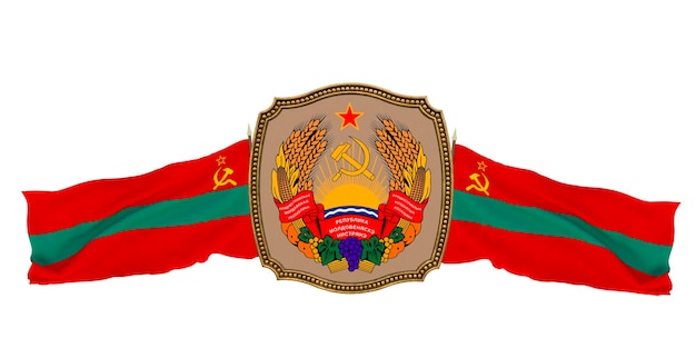 Background for editors and designers National holiday 3D illustration Flag and the coat of arms of Transnistria