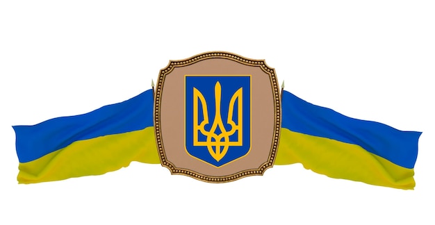 Background for editors and designers National holiday 3D illustration Flag and the coat of arms of Ukraine