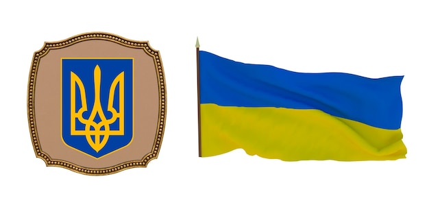 Background for editors and designers National holiday 3D illustration Flag and the coat of arms of Ukraine