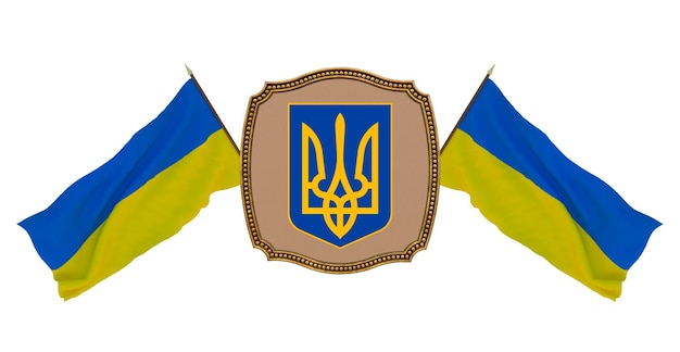 Background for editors and designers National holiday 3D illustration Flag and the coat of arms of Ukraine