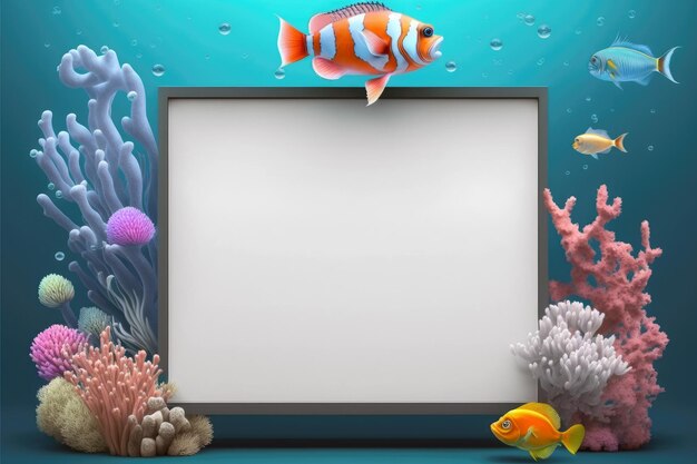 Фоновый пустой рекламный щит с кораллом и красочной рыбой Генеративный AI