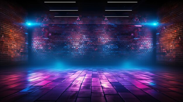 Background of empty brick wall concrete floor neon