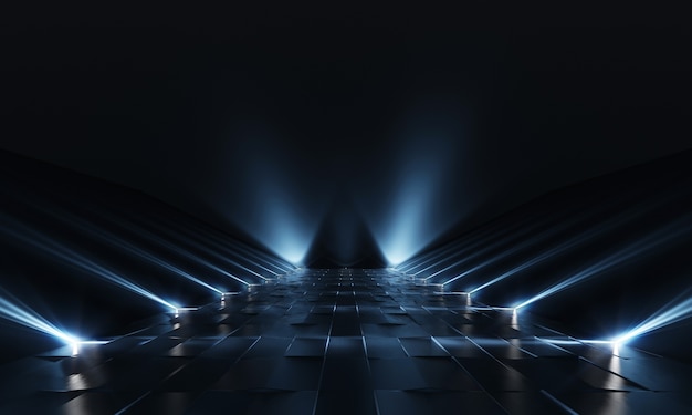 Background of empty dark podium with blue lights and tile floor. 3d rendering