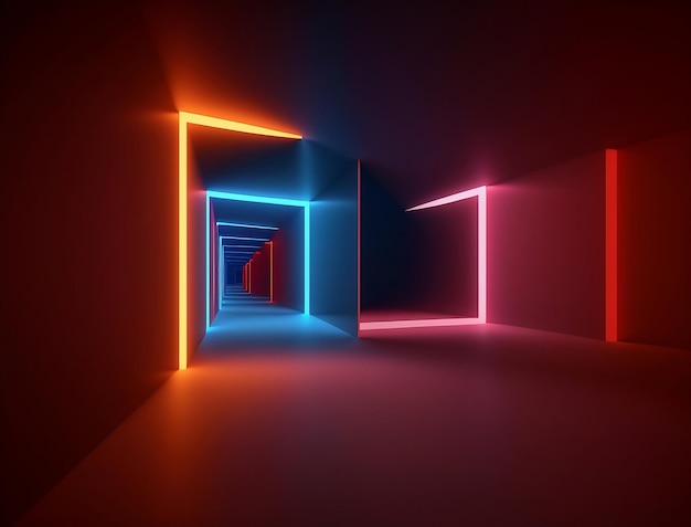 Background of an empty room corridor Spotlight colorful neon light reflection on tiles Laser lines shapes smog