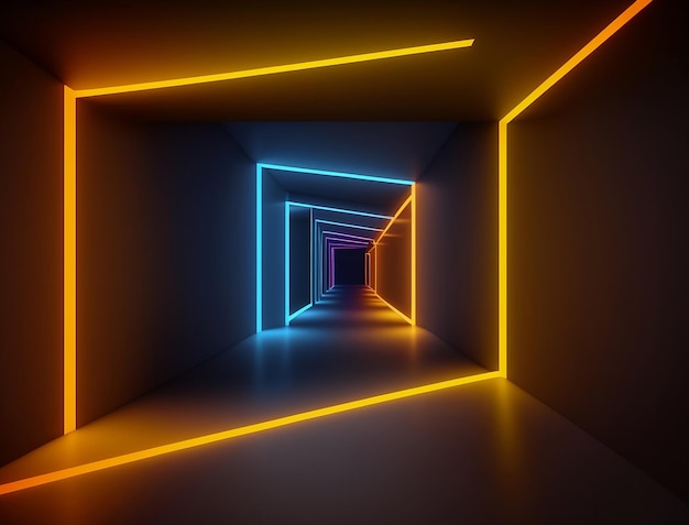 Background of an empty room corridor Spotlight colorful neon light reflection on tiles Laser lines shapes smog