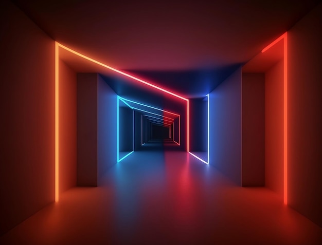 Background of an empty room corridor Spotlight colorful neon light reflection on tiles Laser lines shapes smog