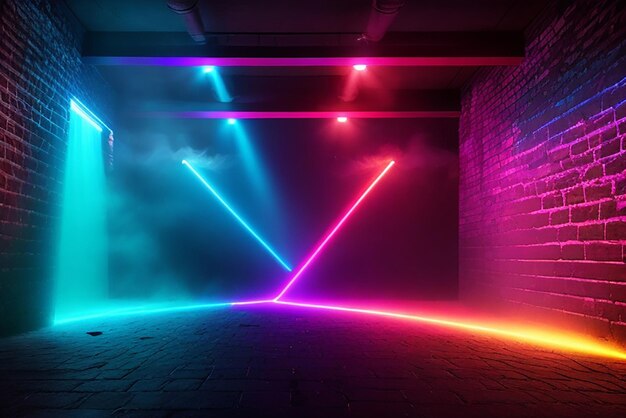 Background of an empty room with brick walls and neon lights laser lines and multicolored light