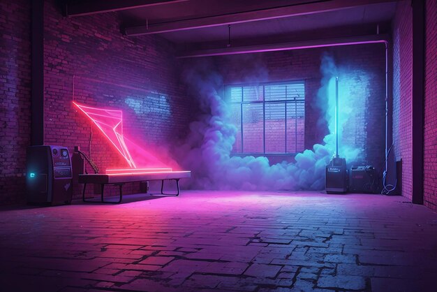 Background of an empty room with brick walls and neon lights laser lines and multicolored smoke