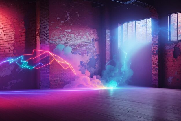 Background of an empty room with brick walls and neon lights laser lines and multicolored smoke