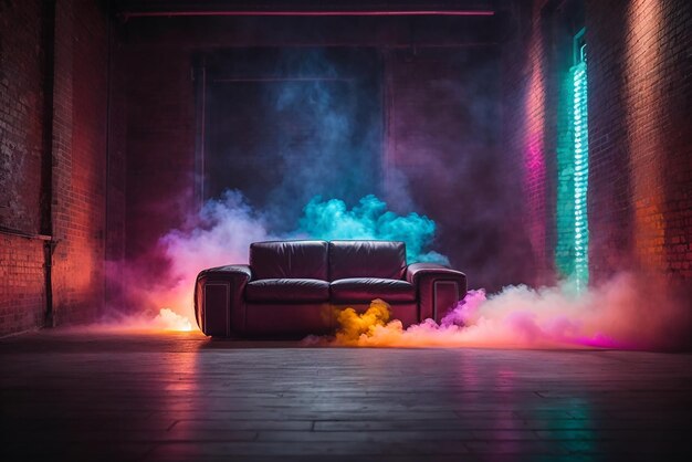 Photo background of an empty room with brick walls and neon lights laser lines and multicolored smoke