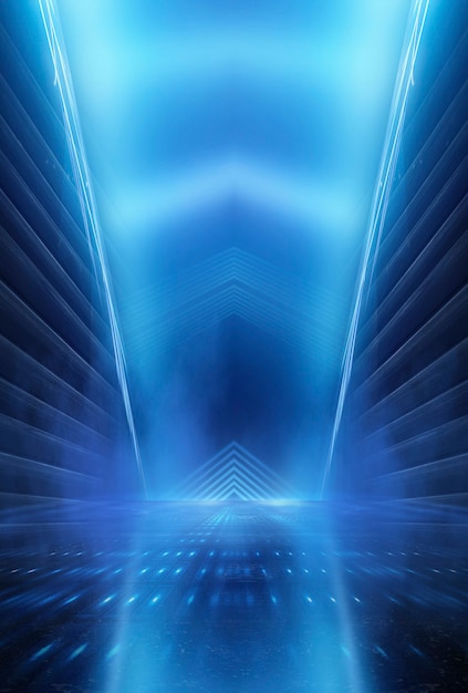 Photo background of empty stage show. neon light and laser show. laser futuristic shapes on a dark background. blue neon light, symmetrical reflection.