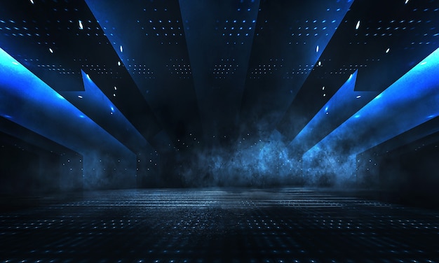 Photo background of empty stage show. neon light and laser show. laser futuristic shapes on a dark background. blue neon light, symmetrical reflection