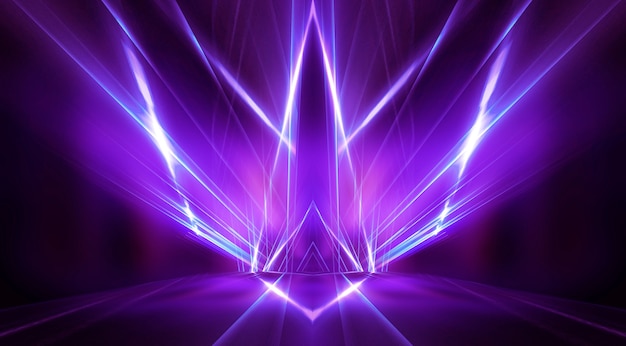 Background of empty stage show. Neon light and laser show. Laser futuristic shapes on a dark background. Blue neon light, symmetrical reflection.