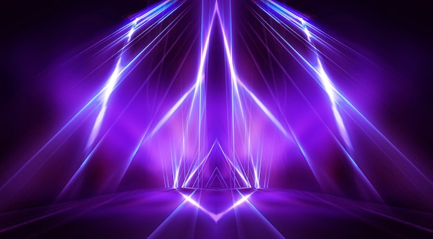 Background of empty stage show. Neon light and laser show. Laser futuristic shapes on a dark background. Blue neon light, symmetrical reflection.