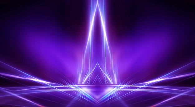 Background of empty stage show. Neon light and laser show. Laser futuristic shapes on a dark background. Blue neon light, symmetrical reflection.