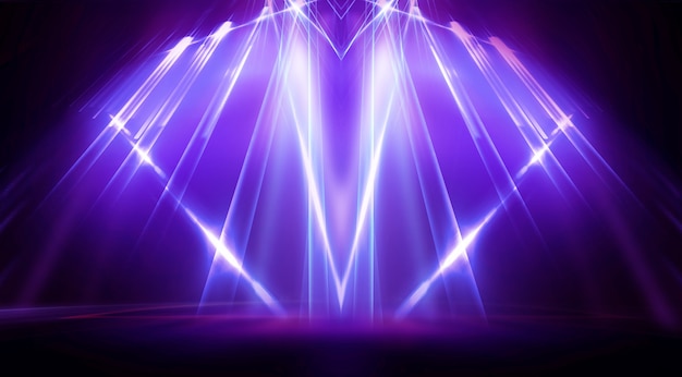 Background of empty stage show. Neon light and laser show. Laser futuristic shapes on a dark background. Blue neon light, symmetrical reflection.