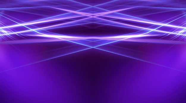 Background of empty stage show. Neon light and laser show. Laser futuristic shapes on a dark background. Blue neon light, symmetrical reflection.