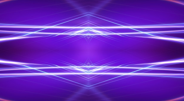 Background of empty stage show. Neon light and laser show. Laser futuristic shapes on a dark background. Blue neon light, symmetrical reflection.