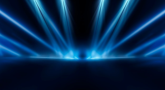 Photo background of empty stage show. neon light and laser show. laser futuristic shapes on a dark background. blue neon light, symmetrical reflection.