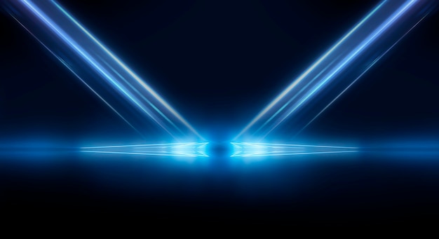 空のステージショーの背景。ネオンライトとレーザーショー。暗い背景にレーザーの未来的な形。青いネオンライト、対称反射