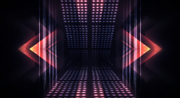 Sfondo di spettacolo teatrale vuoto. spettacolo di luci al neon e laser. forme futuristiche laser su uno sfondo scuro. luce al neon blu, riflessione simmetrica