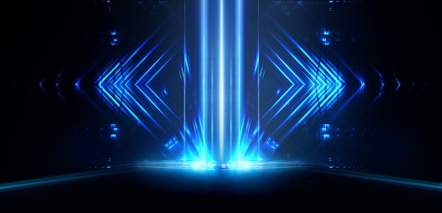 Background of empty stage show. Neon light and laser show. Laser futuristic shapes on a dark background. Blue neon light, symmetrical reflection