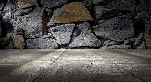 Background empty street and concrete wall.Rock wall and cement floor background.Spotlight