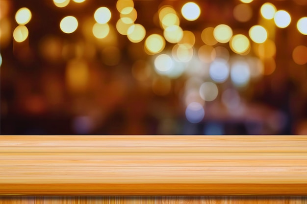 Background empty wood table wooden with bokeh light blurred background