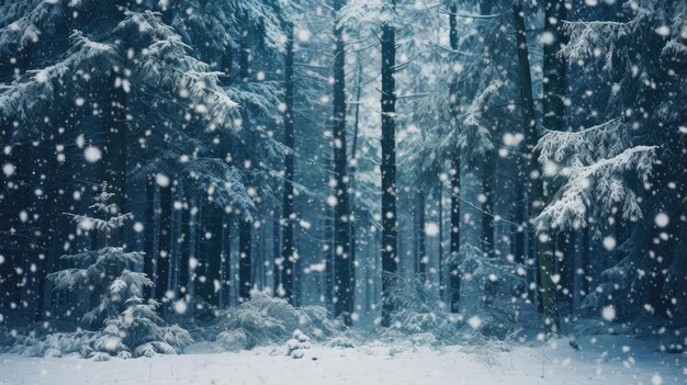 Background of evergreen trees in the forest in winter