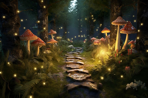 Background fairy wood with a single path zoom on a small portion of the path and add trees moss fireflies and mushrooms as additional decorations AI Generative