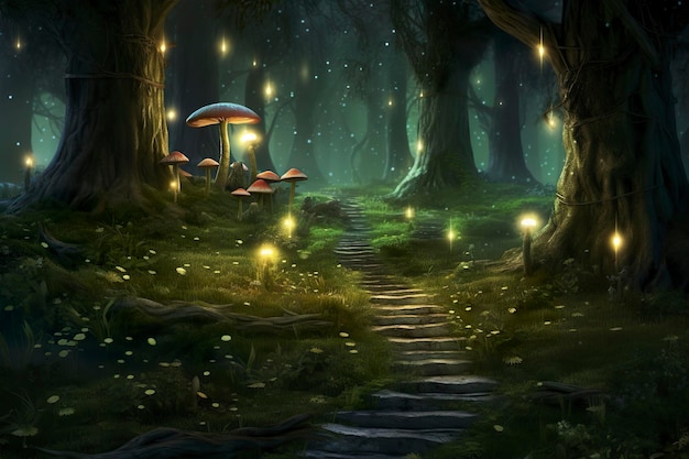 background fairy wood with a single path zoom on a small portion of the path and add trees moss fireflies and mushrooms as additional decorations AI Generative