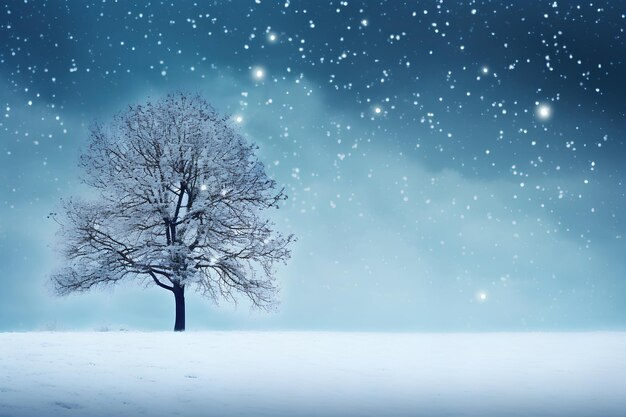 A background of falling snow with a tree